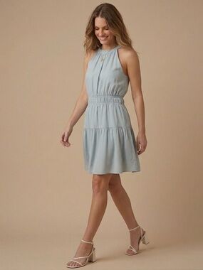 Japna Halter Tiered Mini Dress‎ in Sage Blue - S